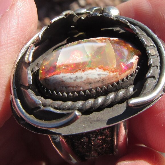 Rare High Horse Silver Exquisite Custom Huge Flashy Mexican Fire Opal Ring .925 - Picture 13 of 14
